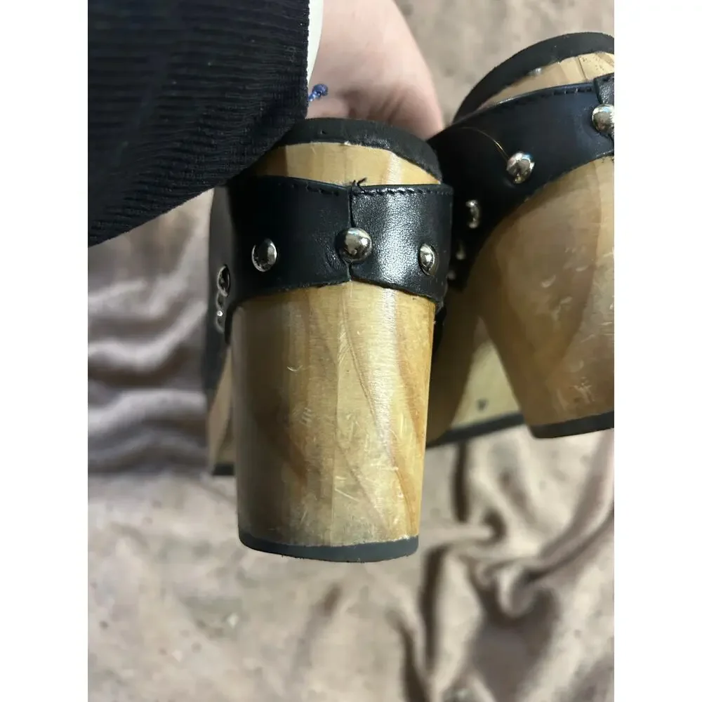 Chelsea & Violet Black Leather Wood Heel Clogs Women’s 10 Boho Retro